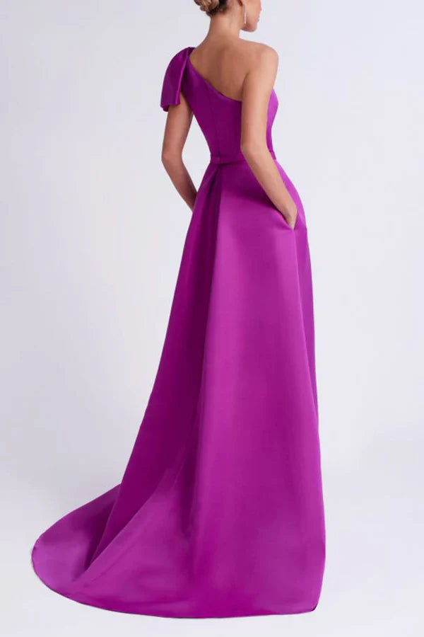 Luolandi Unique satin A-shaped single shoulder butterfly strap pocket mother of the bride dresses orchid